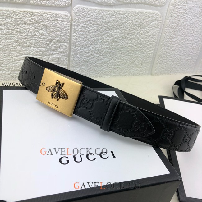 Gucci Monogram Leather Belt Brass Square Bee Decor Buckle
